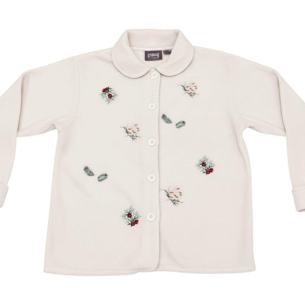 Vintage 90s Premier International Cream Fleece Coatigan Floral Embroidered XL